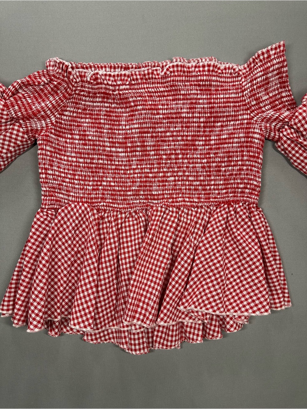 Us Together Off The Shoulder Bell Sleeve Shirred Ruffle Top, Gingham - Large - Picture 5 of 13